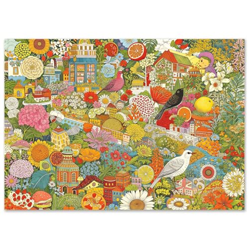1000 Piece Puzzle for Adults, Colorful Botanical Fantasy Garden with Birds & Houses, Premium Matte Finish, Thick Blue Cardboard, Fun and Challenging Jigsaw Puzzles for Nature Lovers - color: Garden of Whimsy