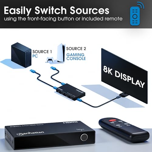 Manhattan HDMI 2.1 8K@60Hz 2 Port HDMI Switch -HDMI Switcher 2 in 1 Out with IR Remote, 8K 48Gbps, 4K@120Hz, Auto Selector Hub Support-3 Yr Mfrg Warranty-207942