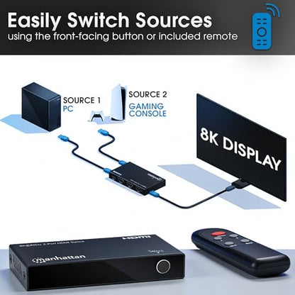 Manhattan HDMI 2.1 8K@60Hz 2 Port HDMI Switch -HDMI Switcher 2 in 1 Out with IR Remote, 8K 48Gbps, 4K@120Hz, Auto Selector Hub Support-3 Yr Mfrg Warranty-207942