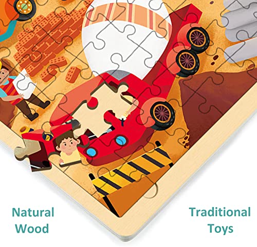 100 Piece Puzzles for Kids Ages 4-8, Construction Site | Wooden Jigsaw Puzzle for 3 4 5 6 Year Old, With Tray - style: 100 Piece