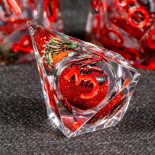 KERWELLSI Liquid Core Dragons Pattern Dice, Resin DND Dice Set with Gift Box, Red Sharp Edged Dungeons D&D Dice, Role Playing Game Dice D20 D12 D10 D8 D6 D4 - color: Red
