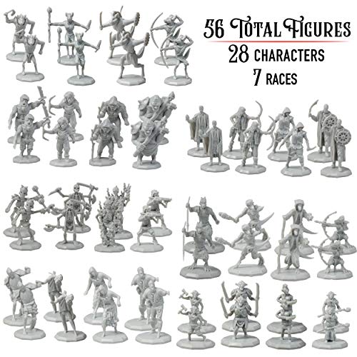 56 Unpainted Fantasy Mini Figures- All Unique Designs- 1" Hex-Sized Compatible with DND Dungeons and Dragons & Pathfinder and RPG Tabletop Games- Features Goblins, Orcs, Gnolls, Skeletons & More