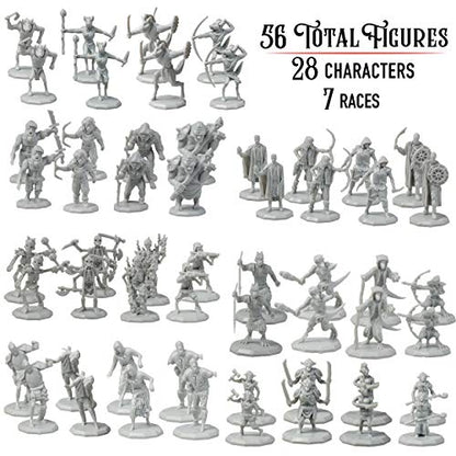 56 Unpainted Fantasy Mini Figures- All Unique Designs- 1" Hex-Sized Compatible with DND Dungeons and Dragons & Pathfinder and RPG Tabletop Games- Features Goblins, Orcs, Gnolls, Skeletons & More