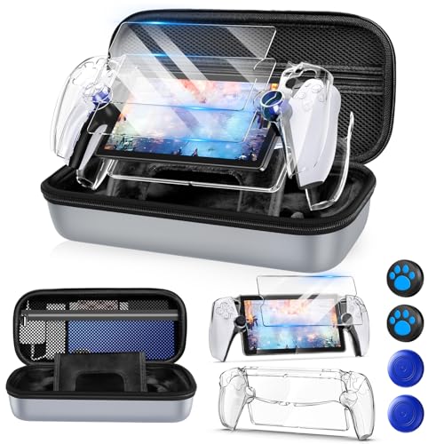 Auarte 12 in 1 Accessories Set for Playstation Portal Remote Player | Hard Carrying Case for PS Portal with Clear Skin Case for PS5 Portal,2 Screen Protector with 4 Thumb Grip - color: Vintage Gray
