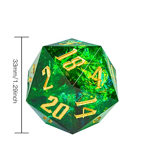 Cusdie Single D20 DND Dice with Sharp Edges and Glitter Foil Inclusions, 20 Sided D&D Dice, 33mm Handcrafted, for Role Playing Game (Green) - color: Green