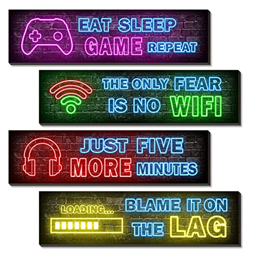 4 Pcs Printed Neon Gaming Posters, Teen Boys Room Decorations, gamer wall art Decor for bedroom Wooden - color: wifi02