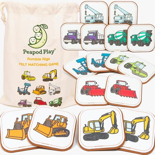 Felt Construction Matching Game for Toddlers – Truck Memory Game & Flash Cards – Soft and Safe for Ages 1+ – Montessori Preschool Learning Activity – Educational Construction Toy for Boys & Girls - color: Construction Vehicle