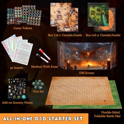 CZYY RPG Starter Set, Foldable Battle Mat, DM Screen, Game Tokens & Dice | 2-Sided Wet & Dry Erase Terrain Map, Scenery Pieces & Marker Pens, DND Starter Accessories, Gift for Player & Dungeon Master
