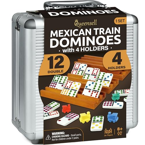 Mexican Train Dominoes Set with 4 Holders - Dominoes Double 12 with Wooden Hub and Tiles Holders - Double 12 Dominos Set for Family Game Night for Adults and Kids Ages 8 and up (D12 + 4 Holders) - style: D12 + 4 Holders