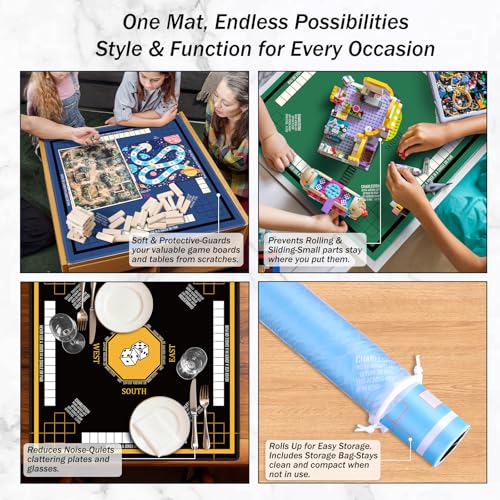 Mahjong Mat for Table 31.5''x31.5'', Non-Slip Mahjong Cloth Cover with Game Rules, Mahjong Tablecloth for Poker, Board Games Table Mat, Card Games, Tile Games, Dominoes (Blue)
