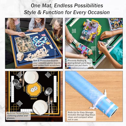 Mahjong Mat for Table 31.5''x31.5'', Non-Slip Mahjong Cloth Cover with Game Rules, Mahjong Tablecloth for Poker, Board Games Table Mat, Card Games, Tile Games, Dominoes (Blue)