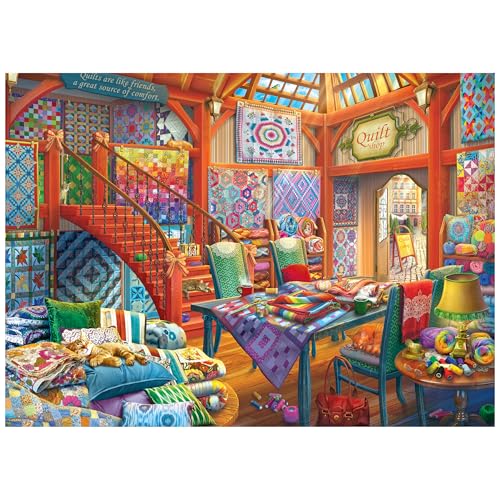 RoseArt Hobby Haven Quilt Shop 1000 Piece Jigsaw Puzzle | 19.25" x 26.625" Finished Size, Fully Interlocking Pieces, Bonus Poster Included, Made in USA - style: Quilt Shop
