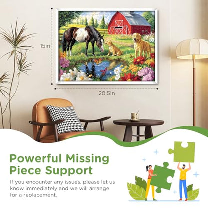 300 Piece Puzzle for Adults, Golden Retriever Horse on Farm Scenic Landscape Jigsaw Puzzle, Jigsaw Puzzles for Adult 300 Piece, Challenging Yet Relaxing 300 Pieces Puzzle Game for Kids Adults Seniors - style: Horse