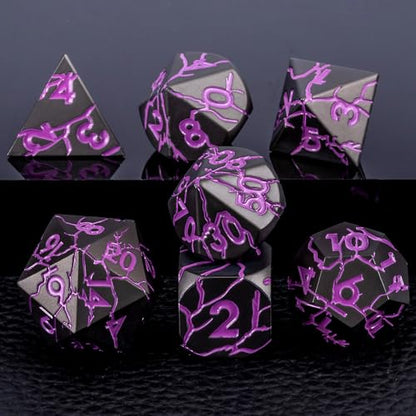 D&D Metal Dice Set with Gift Case, Polyhedral Dice for RPG with Cracks, Sharp Edge - color: Matt Black Purple