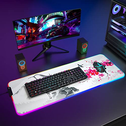 ITNRSIIET RGB Gaming Mouse Pad, Full Desk XL Extended Large Gaming Mousepad, 12 Lighting Modes 30% Thicker Big LED Desk Mat for Gamers, 32 x 12 inches, Japanese Mount Fuji Sakura - color: Japanese Mount Fuji