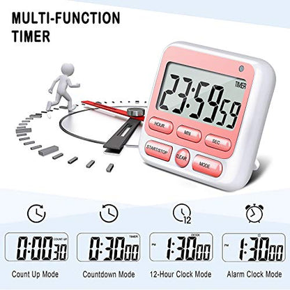 4-in-1 Digital Timer with Count Up/Down, Clock & Alarm, Ring & Silent Modes | Large 2.8-Inch easy-read LCD, On/Off switch, 24-Hour count up/down, Fast-forward function, Magnetic back, stand, hanging hole - color: Pink