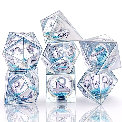 AUSTOR 7-Die DND Dice Set Sharp Edge Resin Dice Handmade Polyhedral Dice for Dungeons and Dragons RPG MTG Table Games（Liquid Quicksand, Light Blue - color: Liquid Quicksand,light Blue