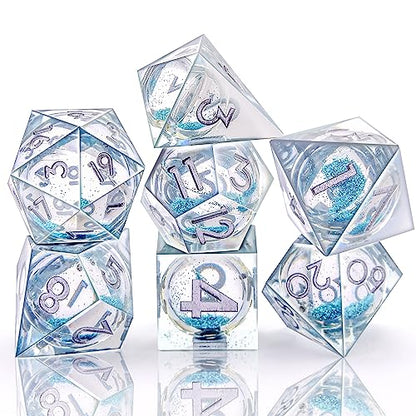 AUSTOR 7-Die DND Dice Set Sharp Edge Resin Dice Handmade Polyhedral Dice for Dungeons and Dragons RPG MTG Table Games（Liquid Quicksand, Light Blue - color: Liquid Quicksand,light Blue