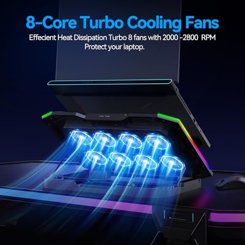 ICE COOREL Gaming Laptop Cooling Pad with 8 Cooling Fans, Laptop Fan Cooler Pad for 15-17.3 Inch, Notebook Cooler Stand with 6 Height Adjustable, RGB Cooling Pad with Two USB Port + Phone Stand - size: 8 Fans