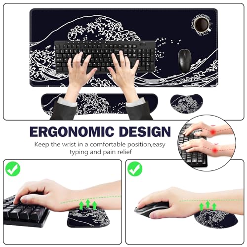 ToLuLu Extended Gaming Mouse Pad, Memory Foam Ergonomic Keyboard Mouse Wrist Rest Support Set, Large Desk Mat with Stitched Edges, Non-Slip Base Mousepad for Home Office Game, Black Wave of Kanagawa - color: Black Wave of Kanagawa