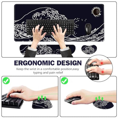 ToLuLu Extended Gaming Mouse Pad, Memory Foam Ergonomic Keyboard Mouse Wrist Rest Support Set, Large Desk Mat with Stitched Edges, Non-Slip Base Mousepad for Home Office Game, Black Wave of Kanagawa - color: Black Wave of Kanagawa
