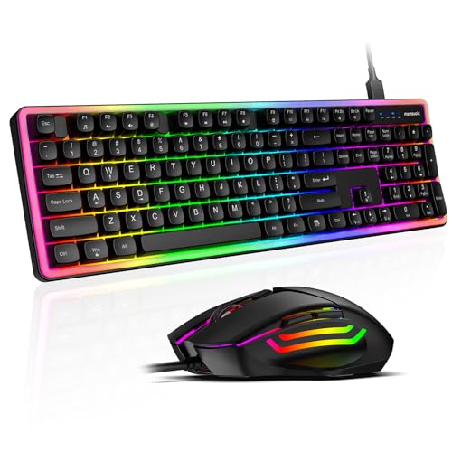 Wired RGB Keyboard and Mouse Combo, Rainbow Backlit, 104-Key Full-Size with Numpad, 6400 DPI Ergonomic High-Precision Mouse, USB Plug & Play, for PC Laptop Mac Office Gaming (Black)