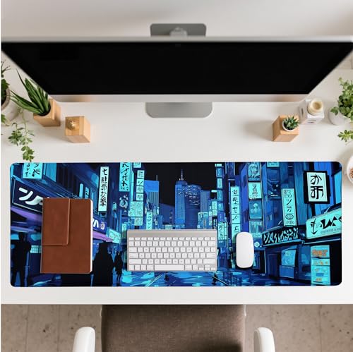 Dark Blue Japanese Gaming Mouse Pad Abstract Anime Mat 31.5x11.8 Inch Tokyo Pixel Street Texture Non-Slip Rubber Base Kawaii Mousepad Stitched Edges Keyboard Desk Pad for Office and Home Game - color: Japanese Street