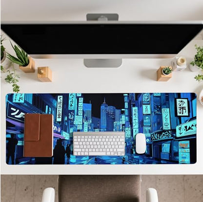 Dark Blue Japanese Gaming Mouse Pad Abstract Anime Mat 31.5x11.8 Inch Tokyo Pixel Street Texture Non-Slip Rubber Base Kawaii Mousepad Stitched Edges Keyboard Desk Pad for Office and Home Game - color: Japanese Street