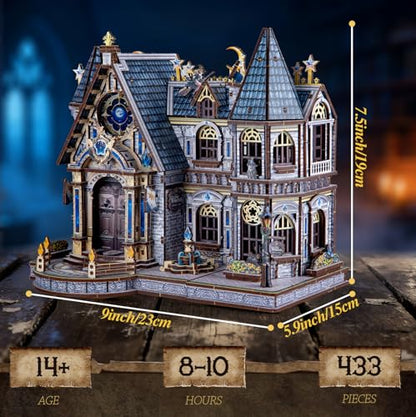 LED 3D Wood Puzzle, School for Wizards with Lighting DIY Wooden Miniature Building Kit Architecture Model