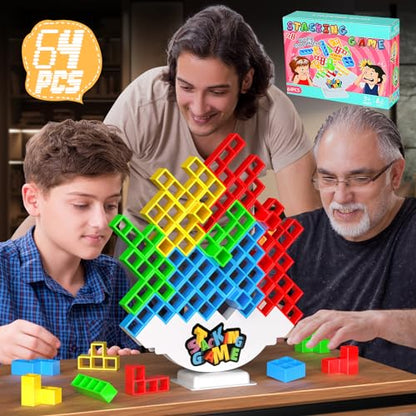 BBnote 64PCS Stack Game for Adult & Kids, Tetra Board Tower Games for Family Travel Party, 2 Players Balance Stacking Toy, Team Toys Building Block - size: 64PCS- 1 Base