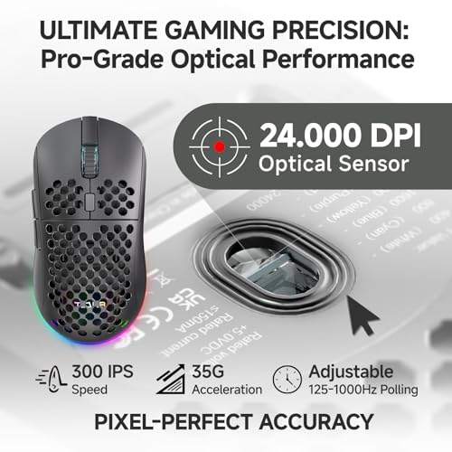 TMKB Wireless Gaming Mouse, 24000 DPI, 180-Hour Battery, Black | Optical Sensor, 90g Ergonomic Honeycomb Design, 6 Programmable Buttons, RGB Strip, 2.4GHz, BT5.2 and USB-C Wired Connectivity - color: Black, size: Wireless