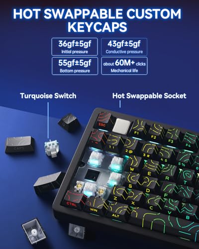 LEOBOG x Aula HI75C Pro Mechanical Gaming Aluminum Keyboard with Knob | Tri-Modes Bluetooth/USB-C/Wireless,Programmable Hot Swappable 80 PBT Keycaps,RGB Backlit,Pre-lubed Turquoise Switches - color: Black