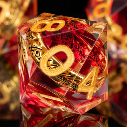 OUKELANWO Magic Lord Rings DND Dice Set with Box, 7Pcs Resin LOTR D&D Dice Set for Role Playing Game, Red Gold Dungeons Dragons D and D Sharp Edge Dice D20 D12 D10 D8 D6 D4 - color: Red