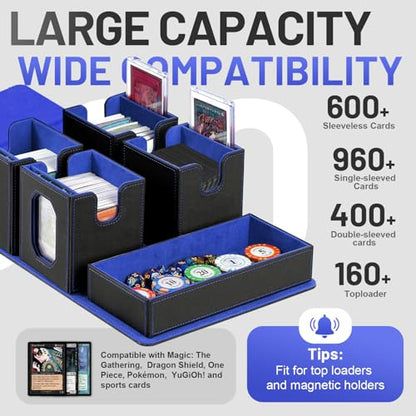 Trading Card Storage Box with Commander Display for MTG, TCG, Sports Cards, 5-in-1 Card Deck Box, Holds 450+ Double-Sleeved Cards, 4 Individual Deck Cases with Covers, Dice Tray & Magnetic Holders - color: Black & Blue