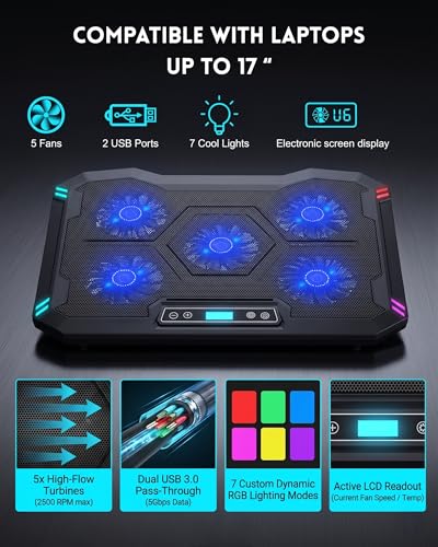 AFI Electronics Laptop Cooling Pad, 5 Quiet Fans Gaming Laptop Cooler for 11–17 Inch, RGB LED, LCD Display, 6 Fan Speeds, 8-Height Adjustable Stand, Dual USB Ports, Notebook Cooling Stand