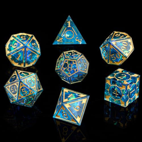 DND Resin dice Color Sharp Edge dice Set Dungeon Polyhedron D and D dice Set Suitable for D&D Role-Playing Tabletop Games D20 D12 D10 D8 D6 D4 (Golden Blue) - color: Golden Blue