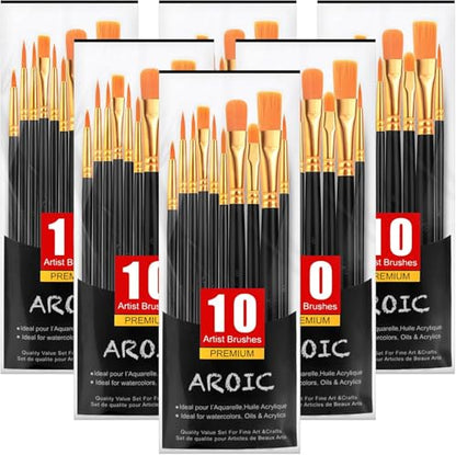 AROIC Acrylic Paint Brushes, 6 Packs / 60 pcs Nylon Hair Paint Brush Set for All Purpose Oil Watercolor Painting Artist Professional Kits (Black) - size: 60pcs-balck