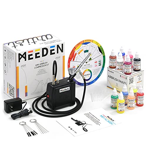 MEEDEN Airbrush Kit with Air Compressor, 12 Colors Acrylic Paint, Dual Action Air Brush Spray Gun with 0.5mm Nozzle & Cleaning Set - Ideal for Painting, Nails Art, Model Making & DIY - Black - color: Black, size: Set