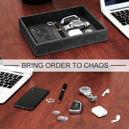 SITHON Valet Tray Desk Organizer PU Leather Catchall | Bedside Vanity Tray Nightstand Caddy Coin Box Key Jewelry Storage Organizer, Graduation, Black - color: *Black