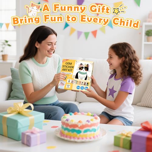 Gem Art Sticker Kit,Diamond Art Sticker Crafts for Kids Ages 4-12 | 8 Cat Themes, 1000+ Gems, No glue, No mess, Gemstone Sticker Arts and Crafts for Kids, Christmas Birthday Gift for Girls - color: Yellow-Cat