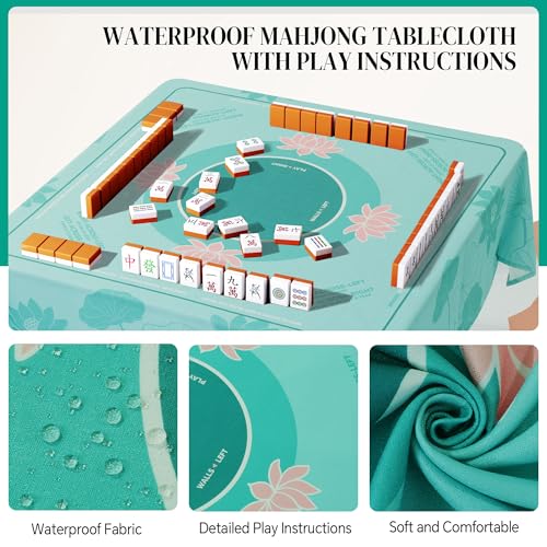 HOMBYS Elegant Lotus Mahjong Table Cloth 55x55 Inch, Square Mahjong Mat with Beginner Game Rules, Spill-Resistant Cover for Card & Tile Game Tables (Mint Green) - color: Mint Green
