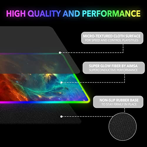 AIMSA Large RGB Gaming Mouse Pad, Keyboard Mousepad Led Extended 35.4 x 15.8 inch Non-Slip Rubber Base with 14 Lighting Modes, Big Desk Mat Waterproof, Galaxy Nebula - color: Galaxy Nebula