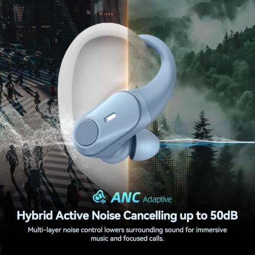 Active Noise Cancelling Ear Buds Wireless Earbuds 80H Playtime Bluetooth Headphones with LED Display Case, Hi-Res Audio Clear Calls Earphones with Over Ear Hooks for Running Gym Workout Sierra Blue - color: Sierra Blue