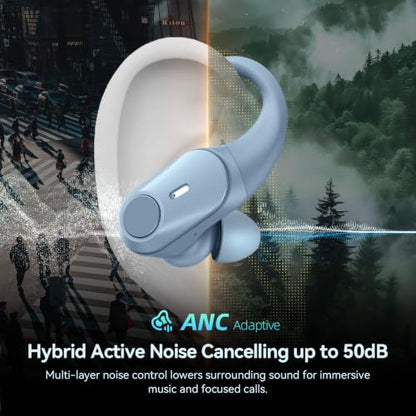 Active Noise Cancelling Ear Buds Wireless Earbuds 80H Playtime Bluetooth Headphones with LED Display Case, Hi-Res Audio Clear Calls Earphones with Over Ear Hooks for Running Gym Workout Sierra Blue - color: Sierra Blue