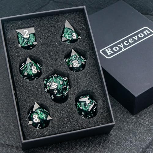 Roycevon Relief Dragon DND Dice Set for Role Playing Game, 7Pcs Metal D&D Dice Set Dungeons Dragons with Gift Box, Polyhedral D and D Dice D20 D12 D10 D8 D6 D4, Green and White - color: Green and White