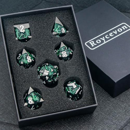 Roycevon Relief Dragon DND Dice Set for Role Playing Game, 7Pcs Metal D&D Dice Set Dungeons Dragons with Gift Box, Polyhedral D and D Dice D20 D12 D10 D8 D6 D4, Green and White - color: Green and White