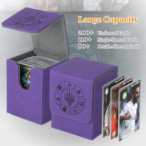 Arkeiliy Card Deck Box, 110+ Storage MTG Deck Box with 50 Pcs Card Sleeve, Collectible Trading Card Cases for Magic Commander and More (Purple) - color: Purple