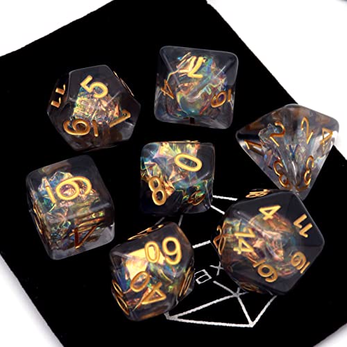 Haxtec Black DND Dice Set, 7 Pcs Iridescent Resin Polyhedral RPG Dice | Role Playing Games Dice with Velvet Pouch, Rounded Edge, Compatible with Dungeons and Dragons, Gifts for D&D Lovers - color: Black Gold