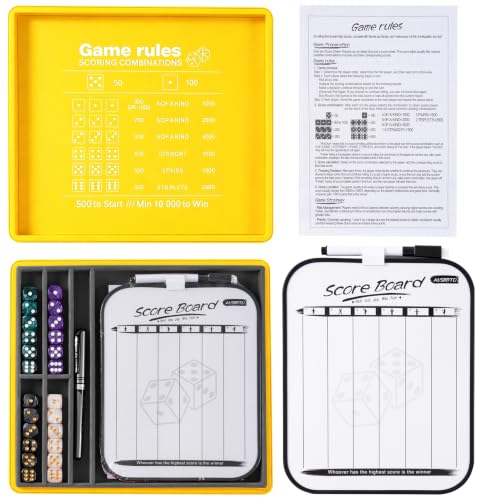 Dice Tray and Storage Case for Farkle Game - Includes Embedded Scoring Combinations, 4 Sets of 6 Pearl Dice, 50 Sheet Score Pad and Pen Holder for The Classic Family Game - Yellow and Grey - color: Yellow and Grey