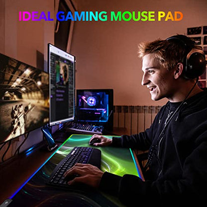 AIMSA Large Gaming Mouse Pad RGB, Keyboard Led Mousepad Extended 35.4 x 15.8 inch Non-Slip Rubber Base with 14 Lighting Modes, Big Desk Mat Waterproof, Cool Aurora - color: Cool Aurora